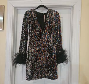Vibrant Sequin Mini Dress with Feather Details